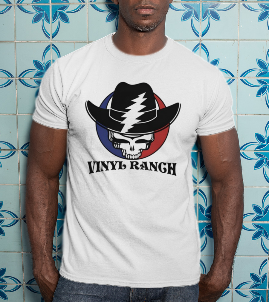 Vinyl Ranch Steal Your Face Skull Cowboy Hat Lightning Circle T-Shirt