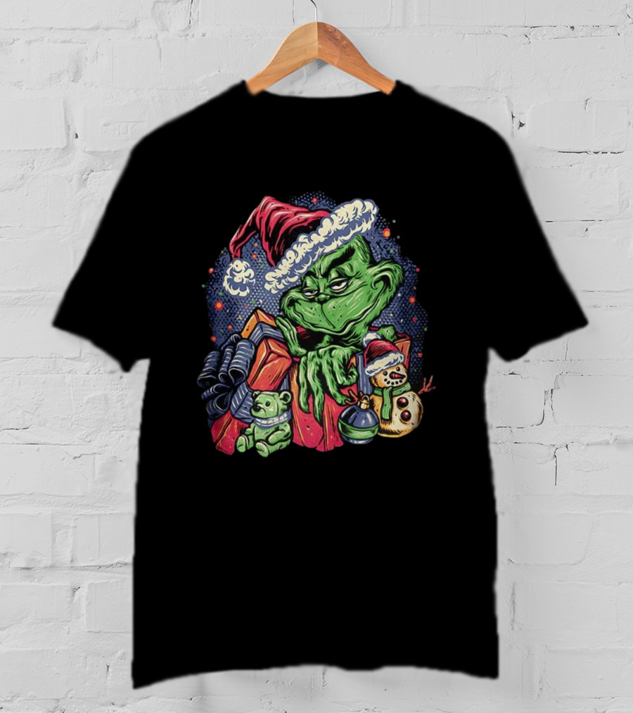 Grinch A Grumpy Present Cartoon Christmas With Santa Hat And Holiday Toys T-Shirt