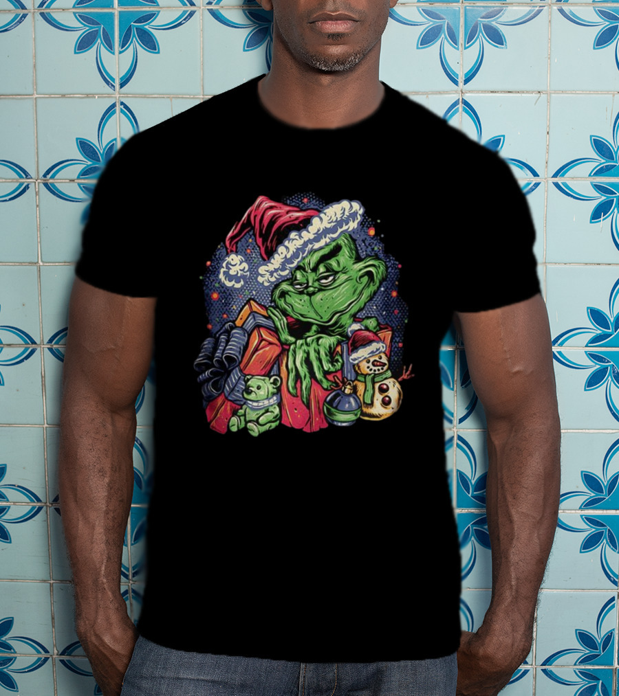 Grinch A Grumpy Present Cartoon Christmas With Santa Hat And Holiday Toys T-Shirt