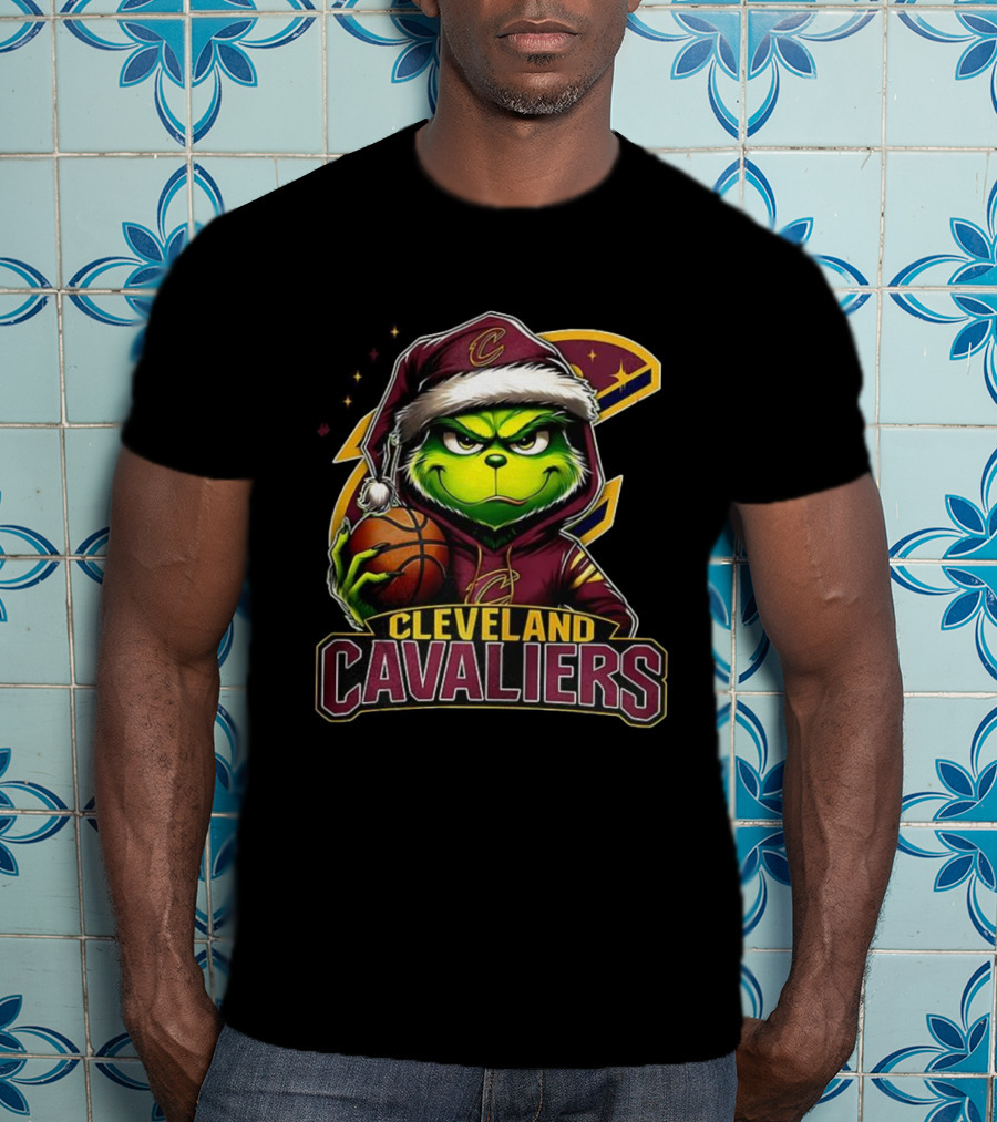 Cleveland Cavaliers Christmas Grinch Santa Hat Holding Basketball T-Shirt