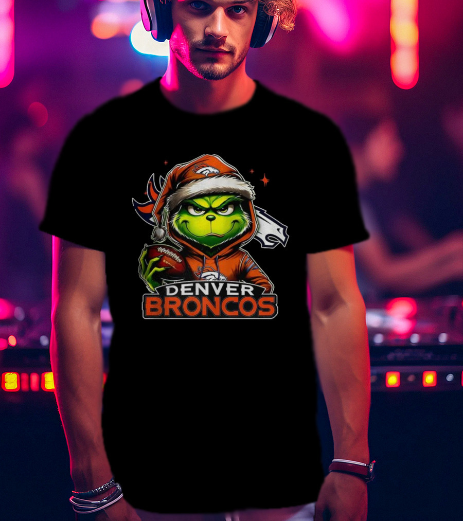 Denver Broncos Grinch In Santa Hat NFL Christmas Football T-Shirt
