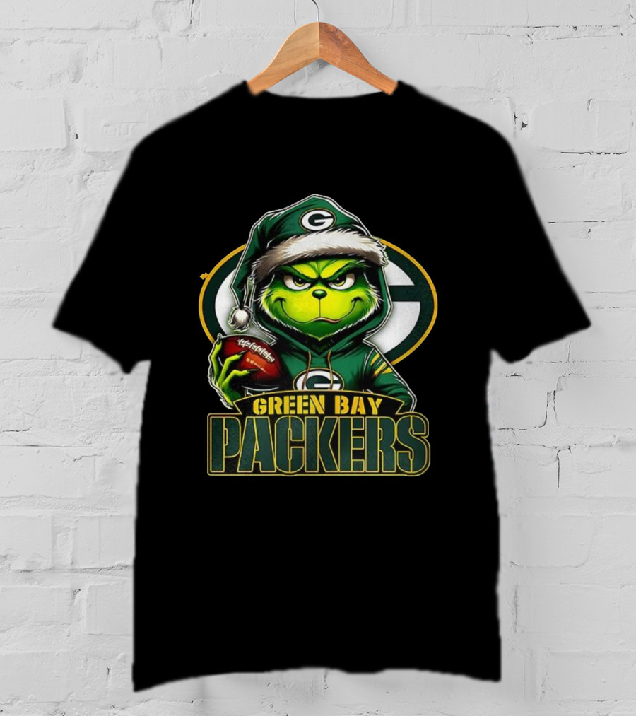 Green Bay Packers Grinch Santa Hat Christmas NFL Fan Gear T-Shirt