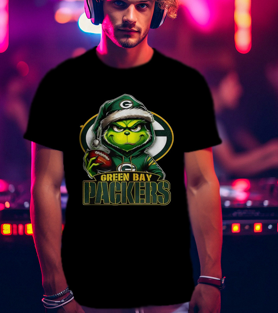Green Bay Packers Grinch Santa Hat Christmas NFL Fan Gear T-Shirt