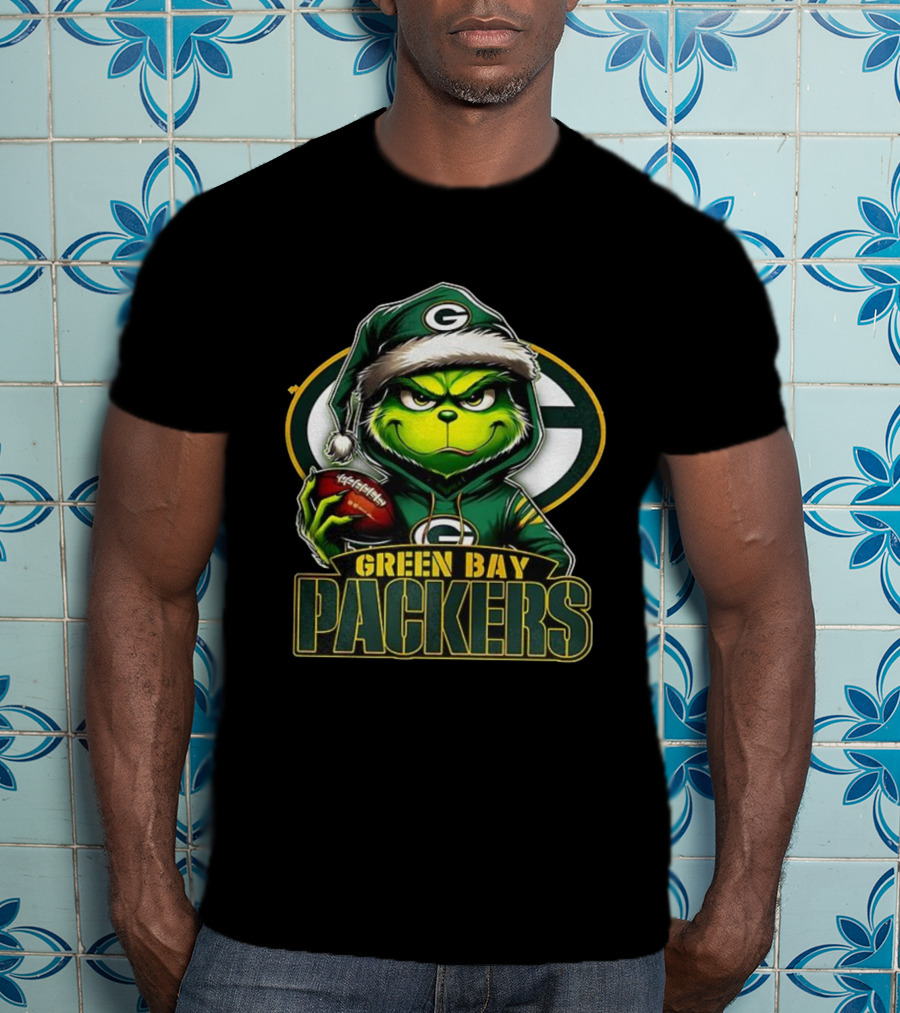 Green Bay Packers Grinch Santa Hat Christmas NFL Fan Gear T-Shirt