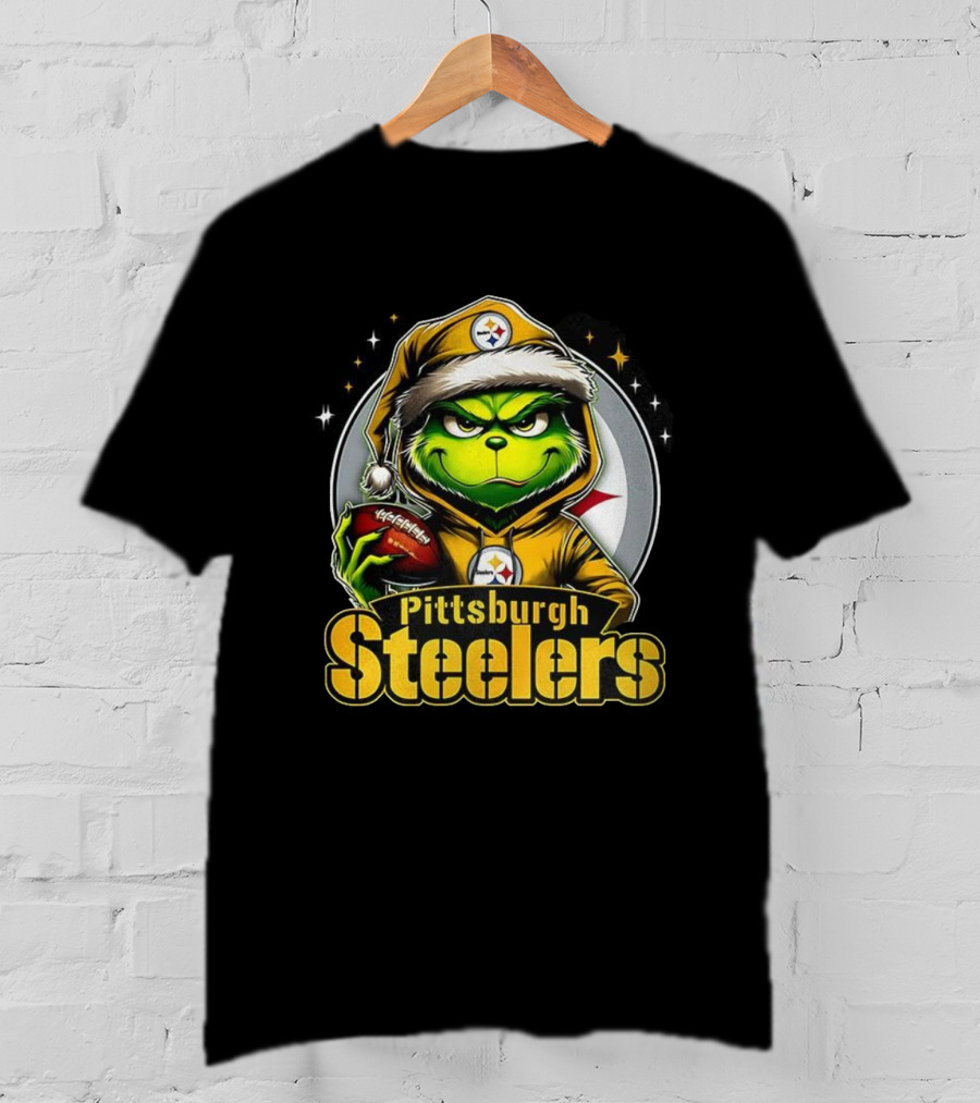 Grinch Wearing Santa Hat Holding Football Pittsburgh Steelers Christmas NFL T-Shirt