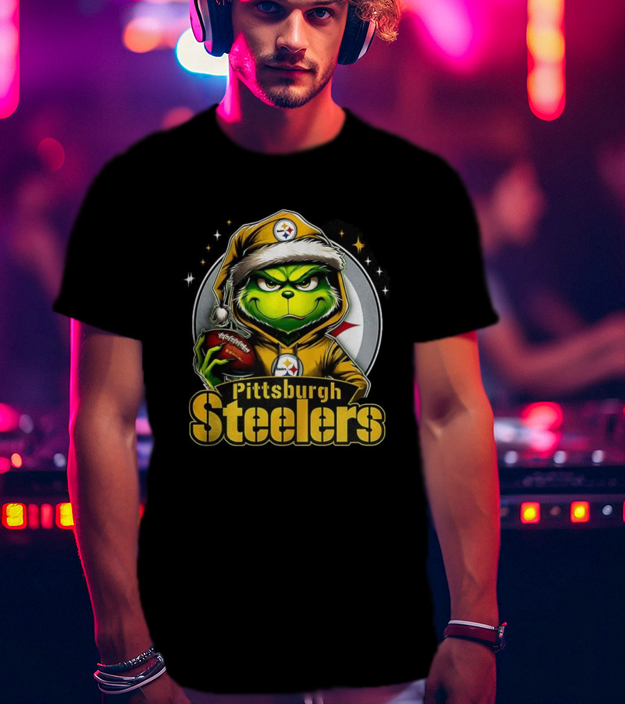 Grinch Wearing Santa Hat Holding Football Pittsburgh Steelers Christmas NFL T-Shirt