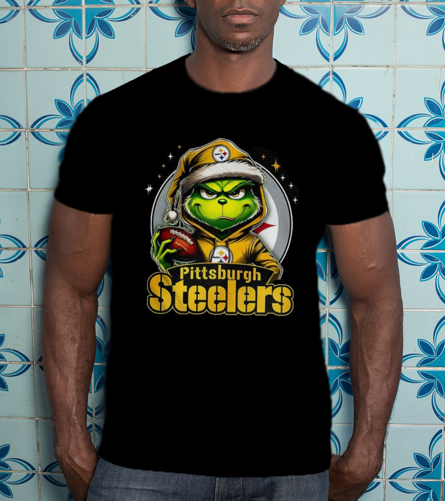 Grinch Wearing Santa Hat Holding Football Pittsburgh Steelers Christmas NFL T-Shirt