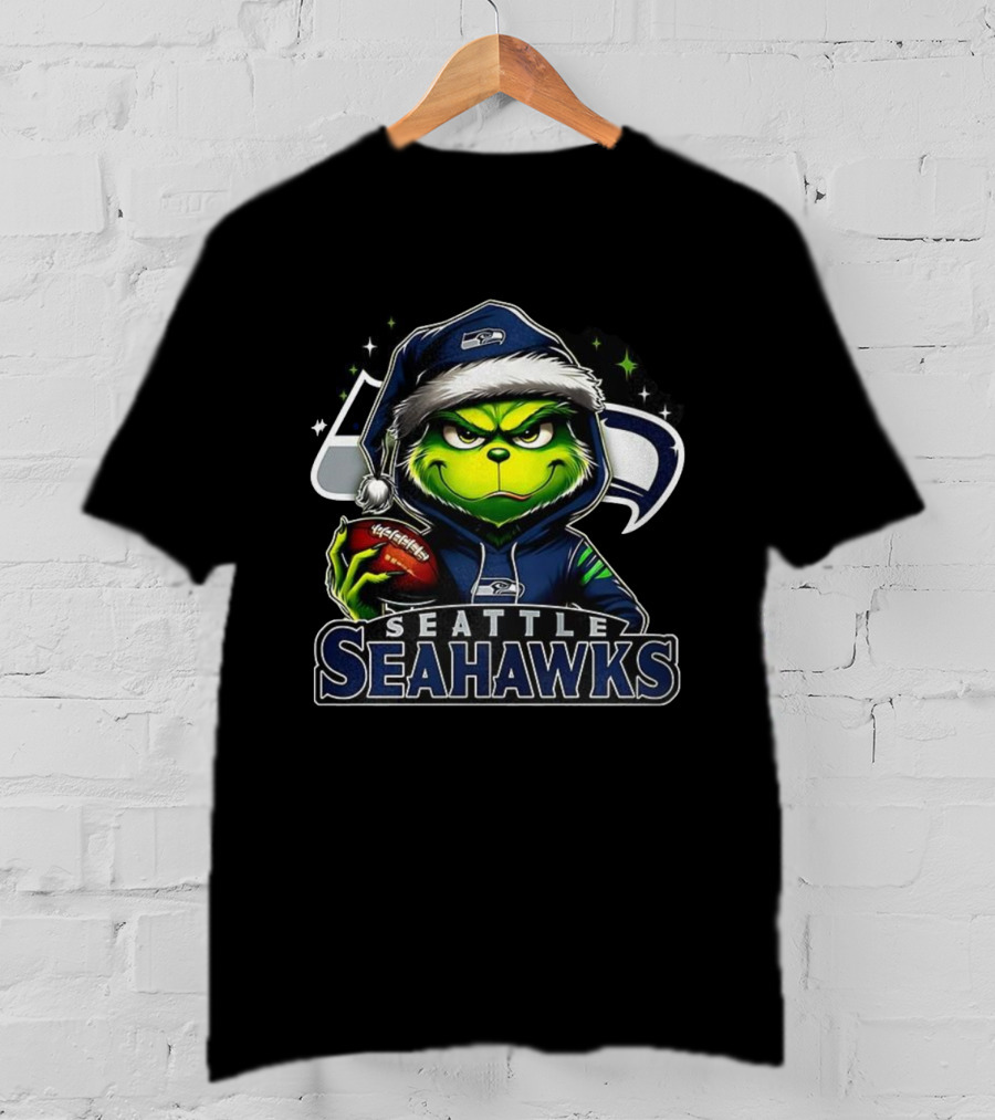 Seattle Seahawks NFL Grinch Santa Hat Christmas T-Shirt