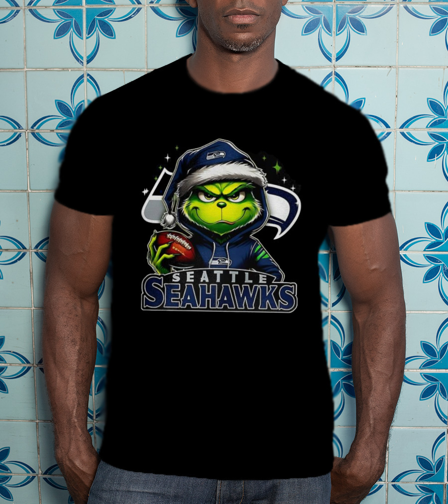 Seattle Seahawks NFL Grinch Santa Hat Christmas T-Shirt