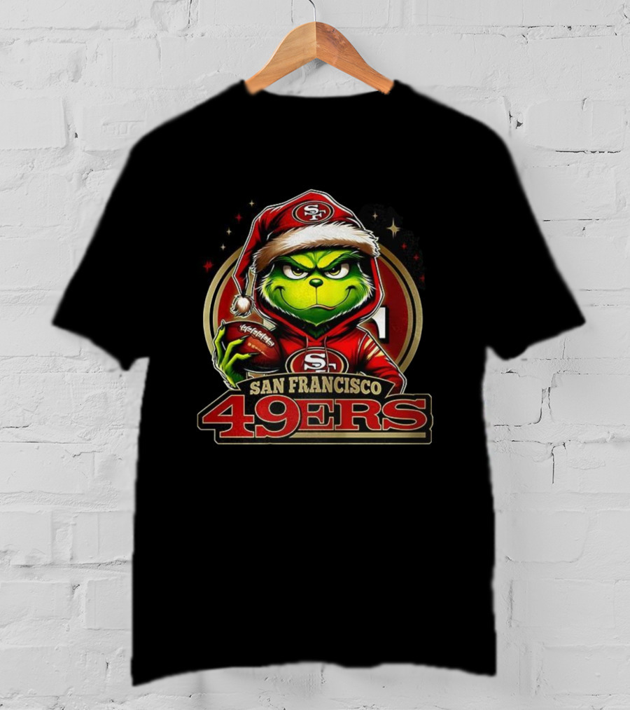 Grinch Santa Hat San Francisco 49ers Christmas Football Holiday NFL T-Shirt