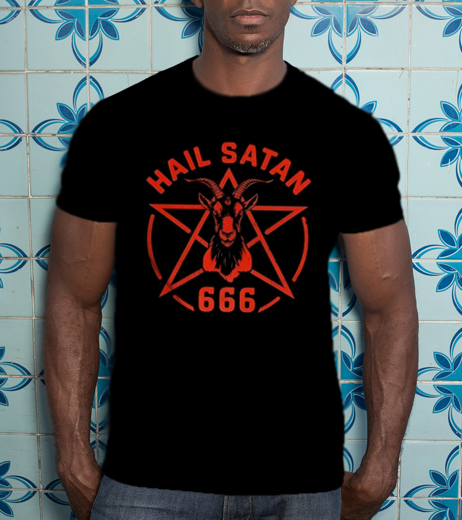 Hail Satan Goat 666 Pentagram Symbolic Occult Baphomet Emblem T-Shirt