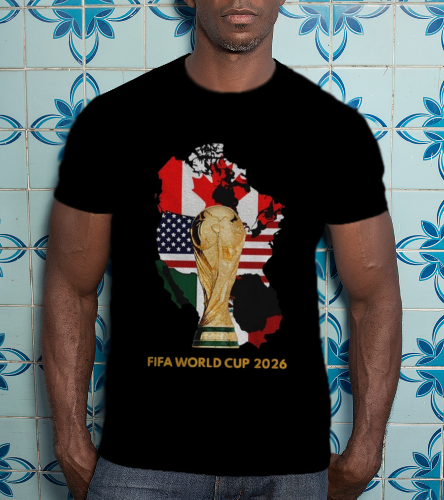FIFA World Cup 2026 USA Canada Mexico Flags Map Trophy T-Shirt