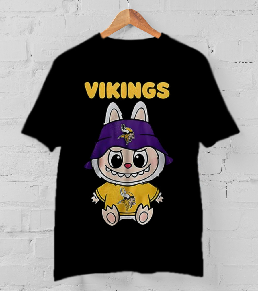 Minnesota Vikings Labubu Character With Purple Cap And Team Logo T-Shirt