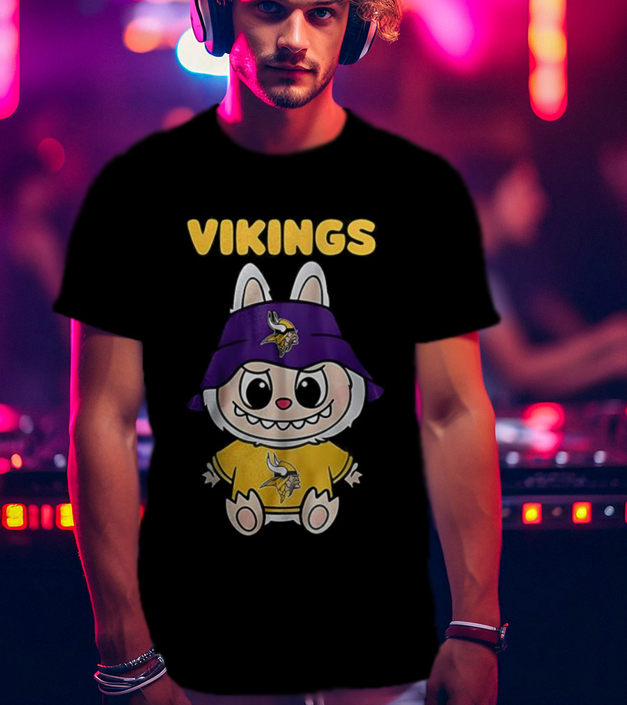 Minnesota Vikings Labubu Character With Purple Cap And Team Logo T-Shirt