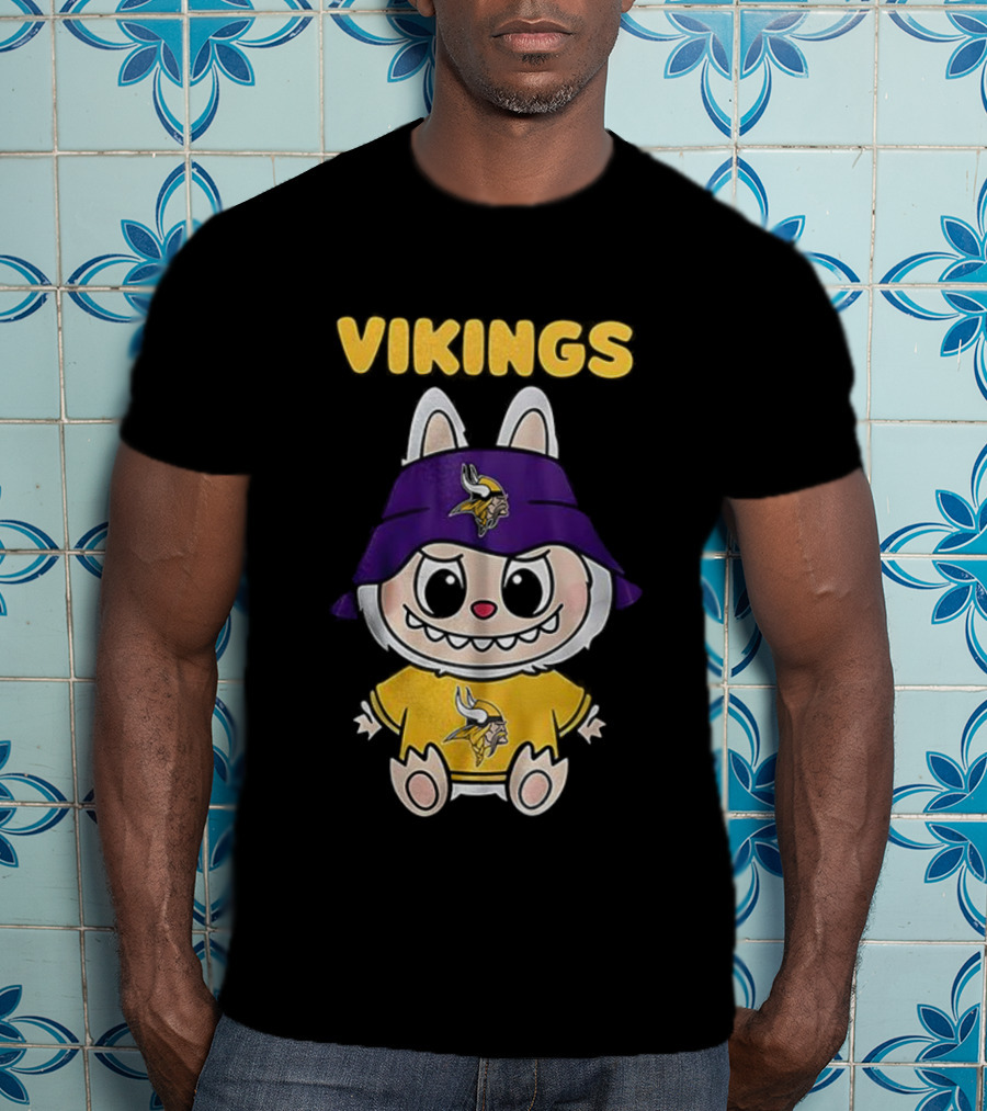 Minnesota Vikings Labubu Character With Purple Cap And Team Logo T-Shirt