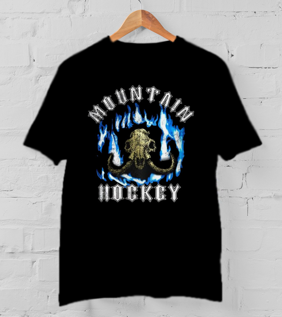 Mountain Hockey Mammoth Skull Blue Flames Design T-Shirt