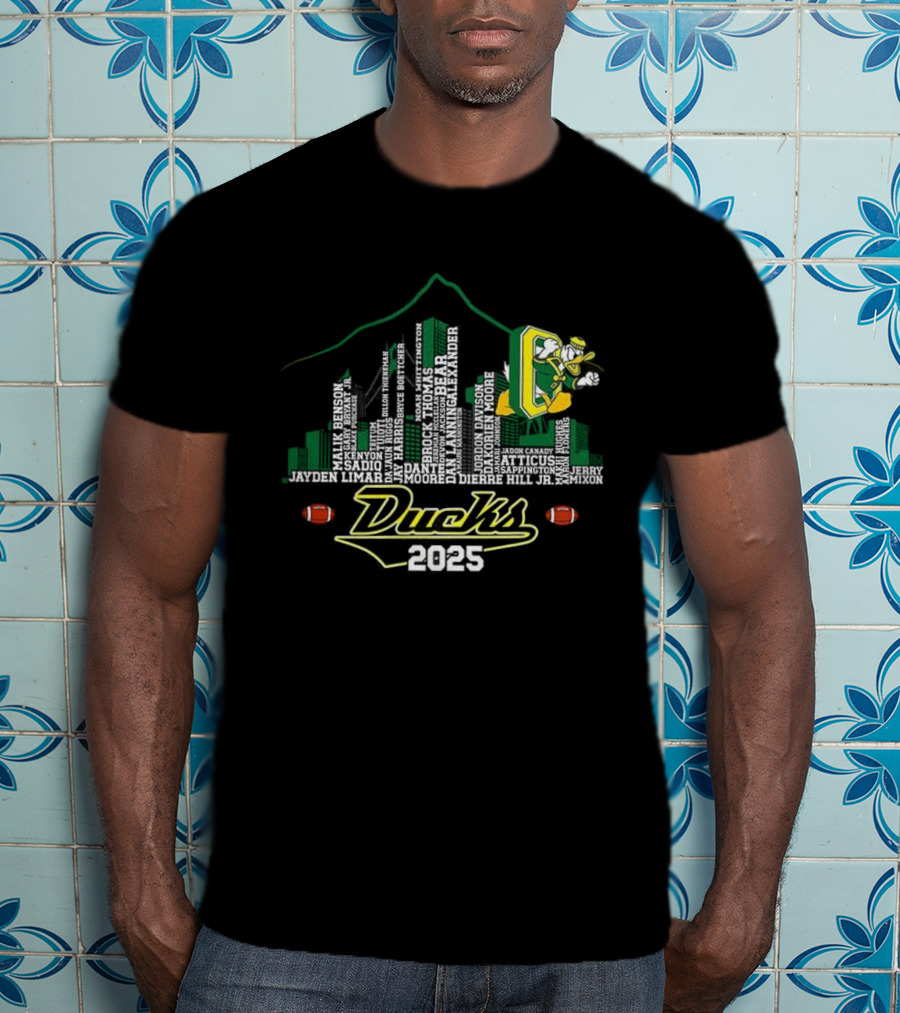 Oregon Ducks 2025 Skyline Football Player Mountain T-Shirt