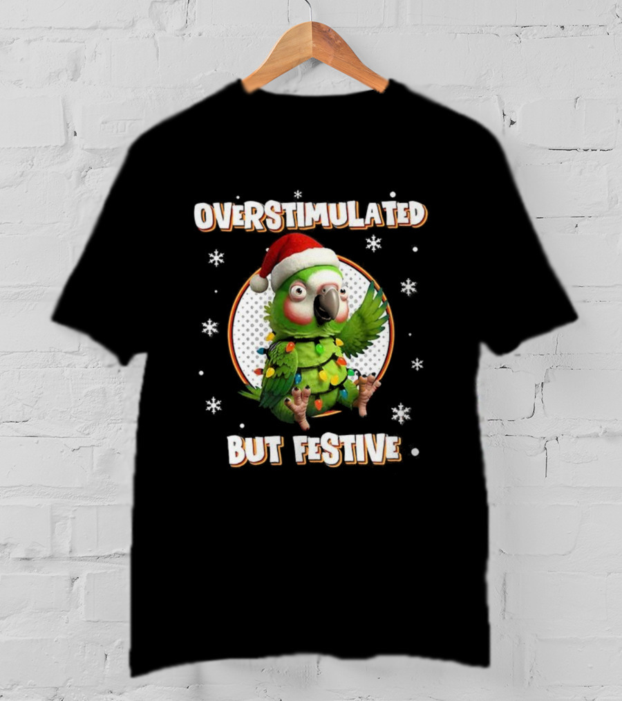 Overstimulated Parrot With Christmas Lights And Santa Hat T-Shirt