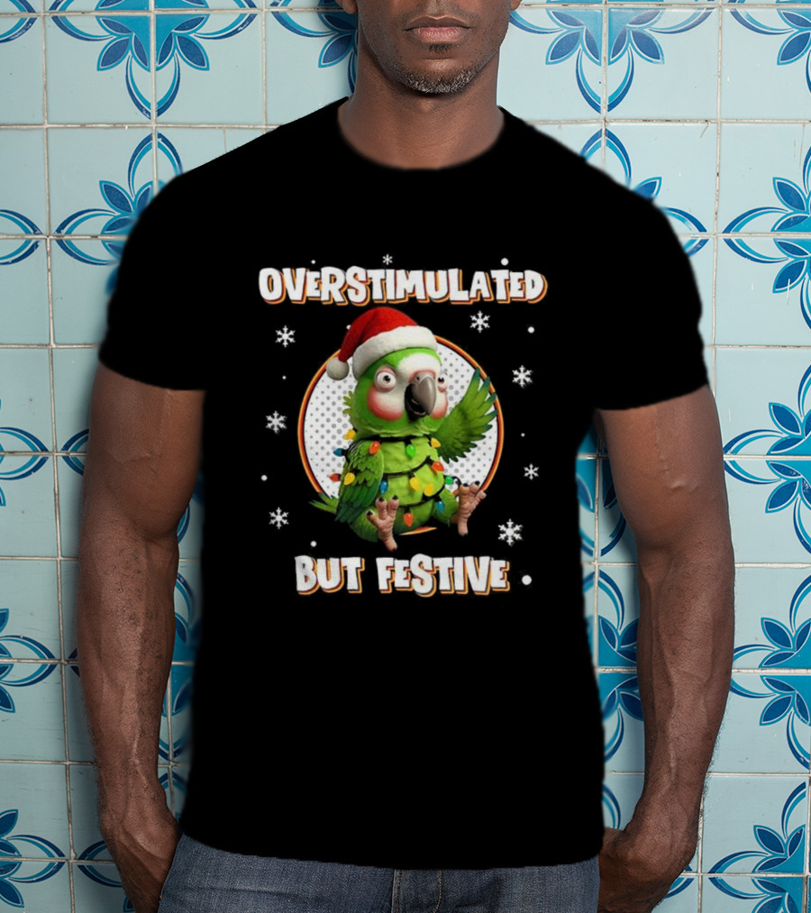 Overstimulated Parrot With Christmas Lights And Santa Hat T-Shirt