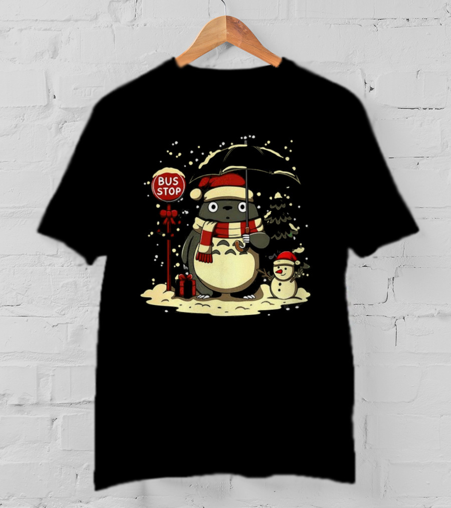 Totoro Snowman Winter Bus Stop Santa Hat T-Shirt