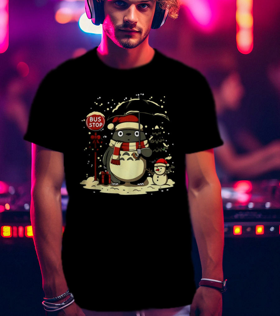 Totoro Snowman Winter Bus Stop Santa Hat T-Shirt