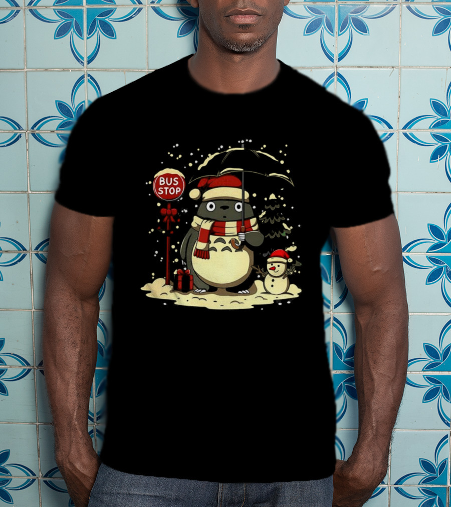 Totoro Snowman Winter Bus Stop Santa Hat T-Shirt