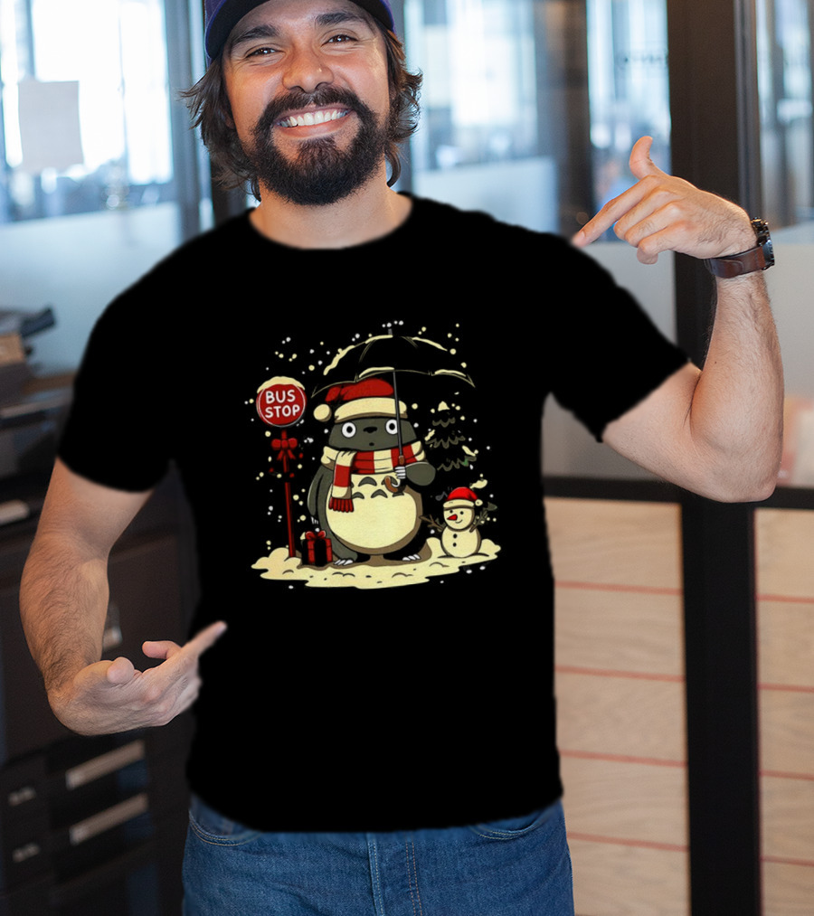 Totoro Snowman Winter Bus Stop Santa Hat T-Shirt