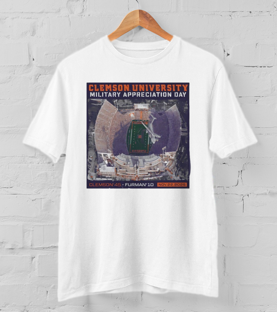 Clemson University Military Appreciation Day Game Nov 22 2025 Clemson 45 Furman 10 Stadium Aerial View T-Shirt