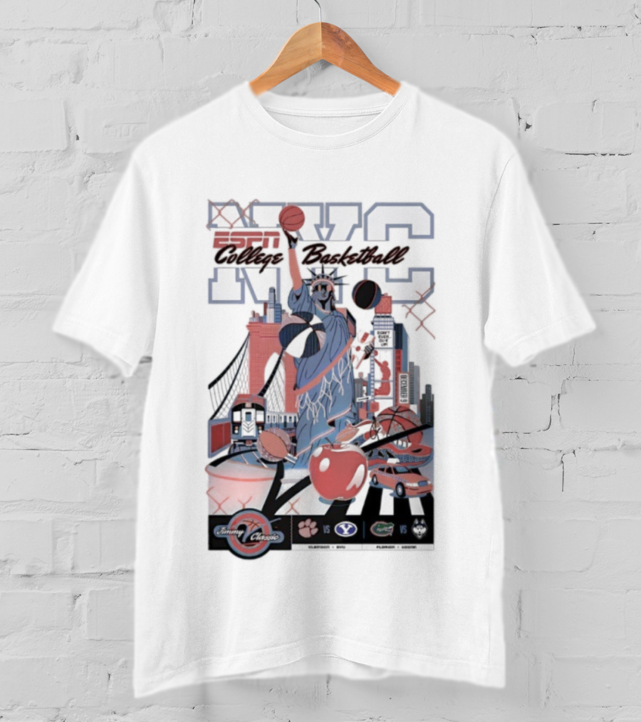 Jimmy V Classic 2025 Clemson Vs BYU College Basketball NYC Statue Of Liberty Basketball New York Skyline T-Shirt