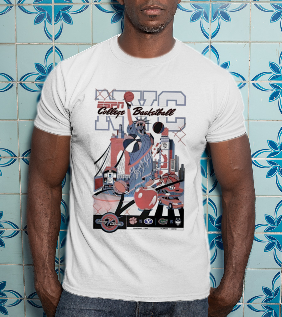 Jimmy V Classic 2025 Clemson Vs BYU College Basketball NYC Statue Of Liberty Basketball New York Skyline T-Shirt