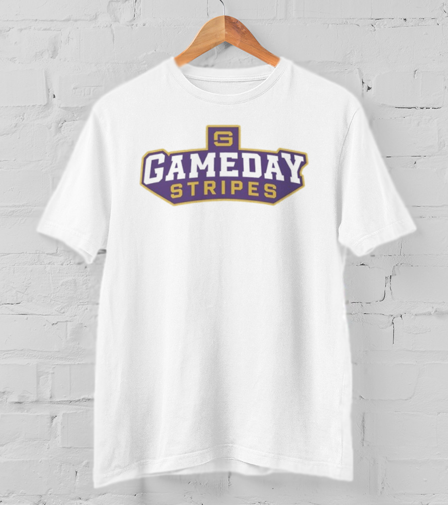 Gameday Stripes Purple And Gold Block Lettering T-Shirt