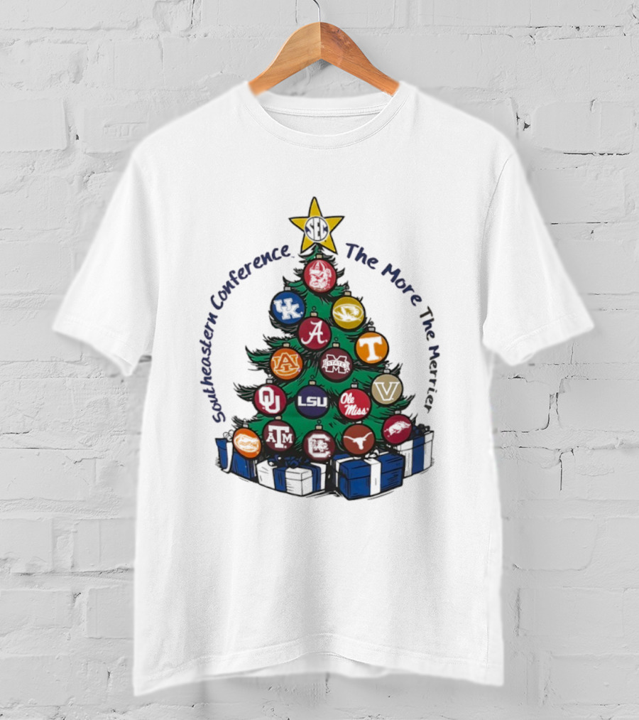 SEC Southeastern Conference The More The Merrier Christmas Tree With Team Ornaments T-Shirt