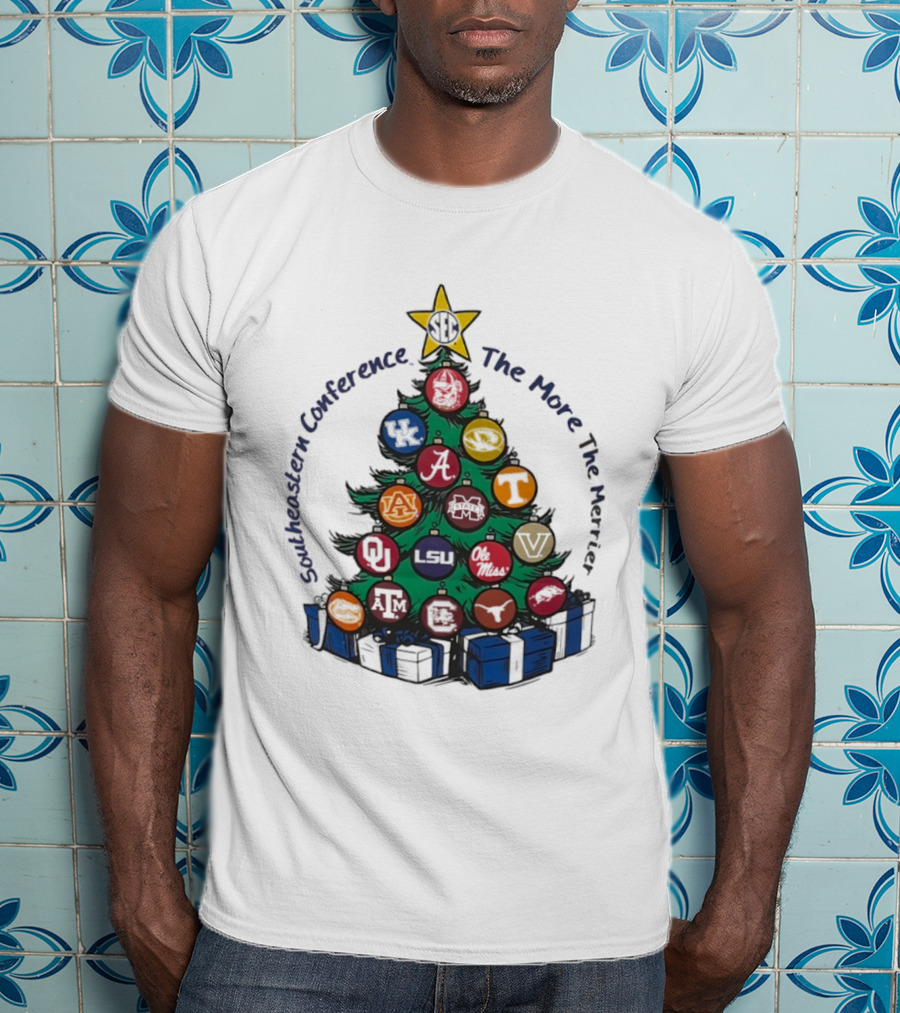 SEC Southeastern Conference The More The Merrier Christmas Tree With Team Ornaments T-Shirt