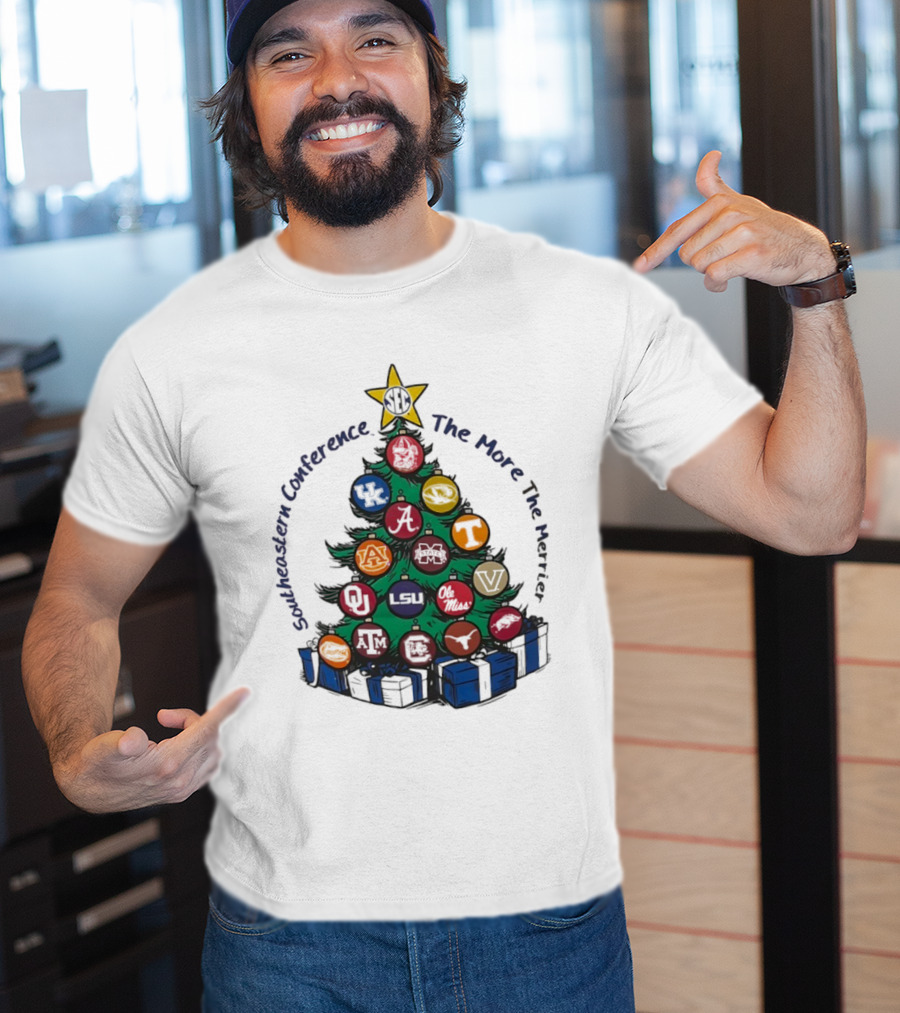 SEC Southeastern Conference The More The Merrier Christmas Tree With Team Ornaments T-Shirt