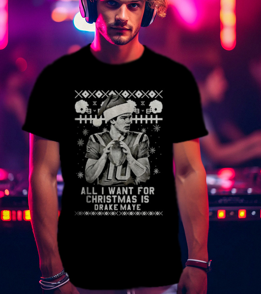 Drake Maye All I Want For Christmas Vintage Football Santa Hat Ugly Sweater Style T-Shirt