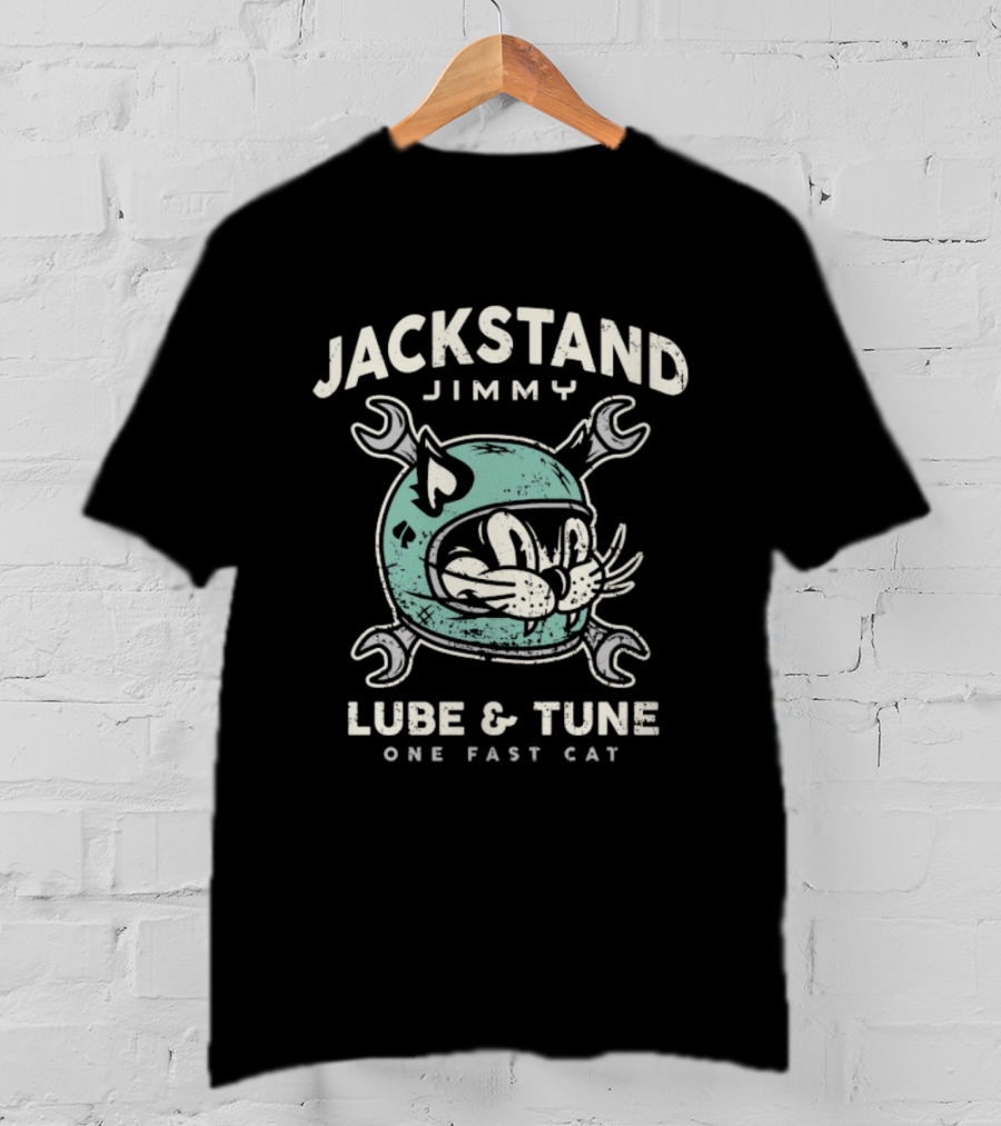 Jackstand Jimmy Lube & Tune One Fast Cat Helmet Wrench T-Shirt