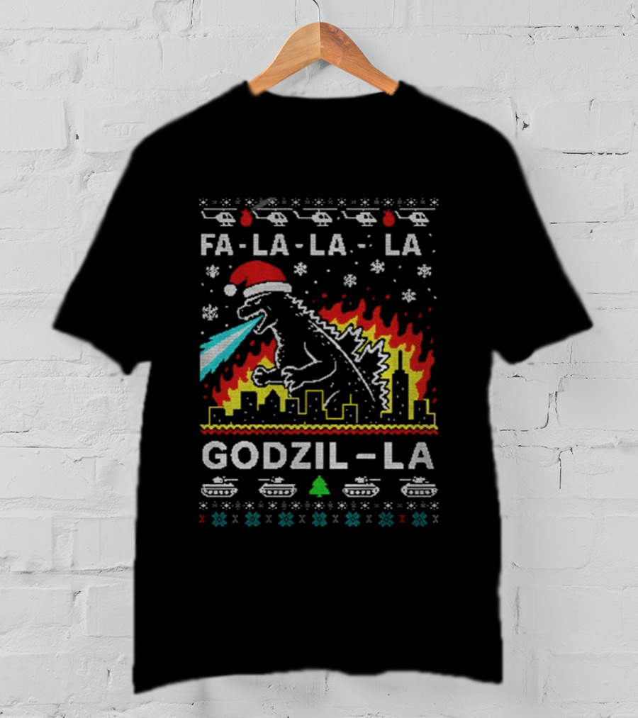 Fa La La La Godzil-La Christmas Santa Hat City Helicopters Tanks T-Shirt