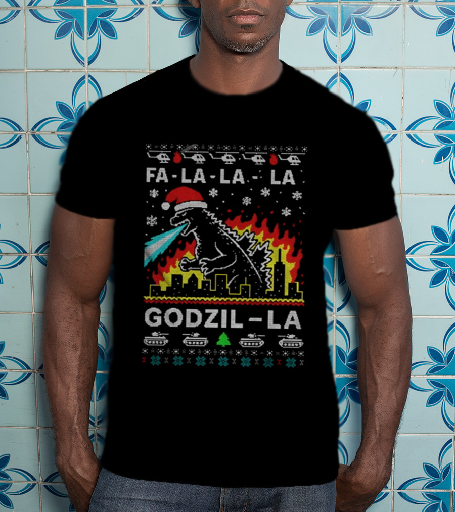 Fa La La La Godzil-La Christmas Santa Hat City Helicopters Tanks T-Shirt