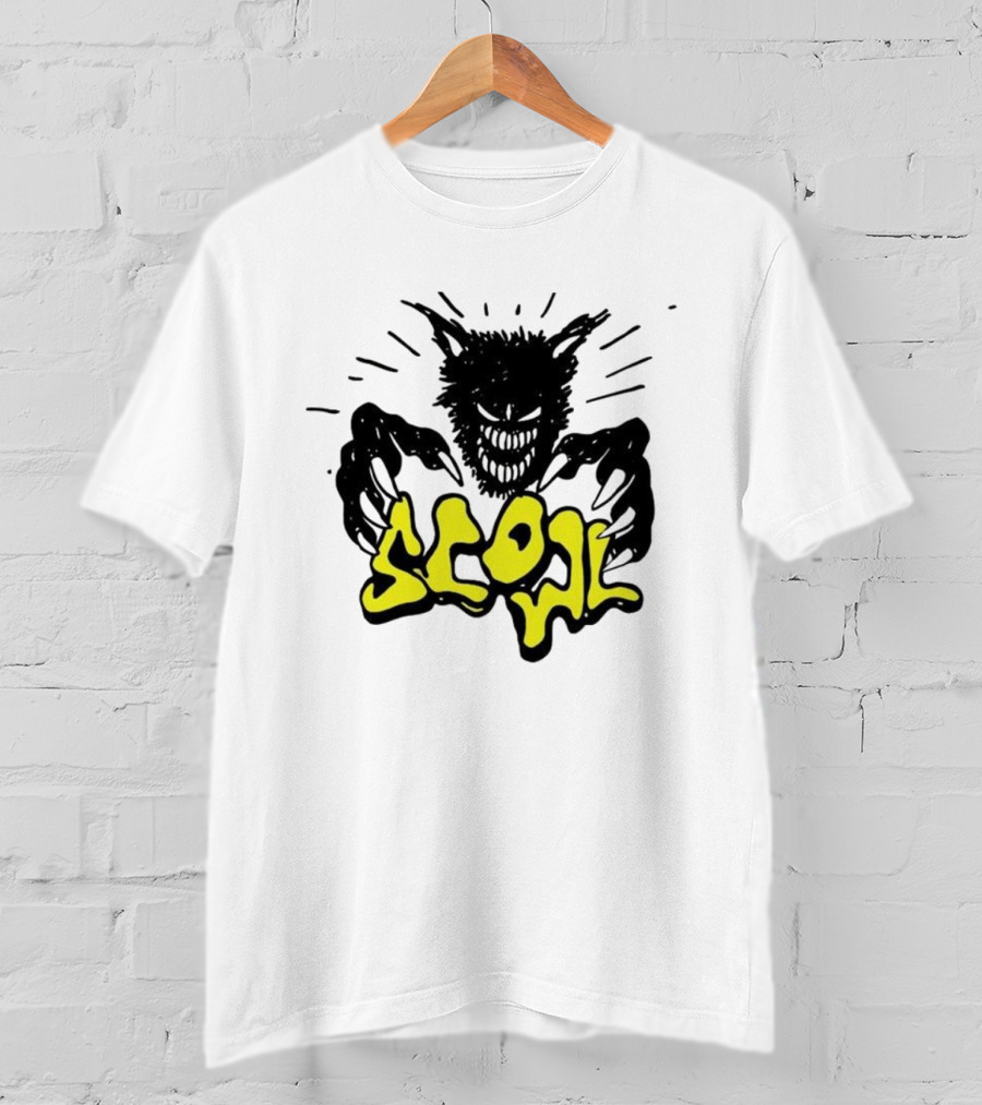 Scowl Scary Cat Yellow Text With Creepy Feline Illustration T-Shirt