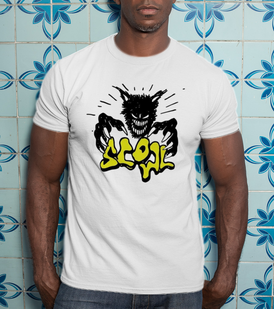 Scowl Scary Cat Yellow Text With Creepy Feline Illustration T-Shirt