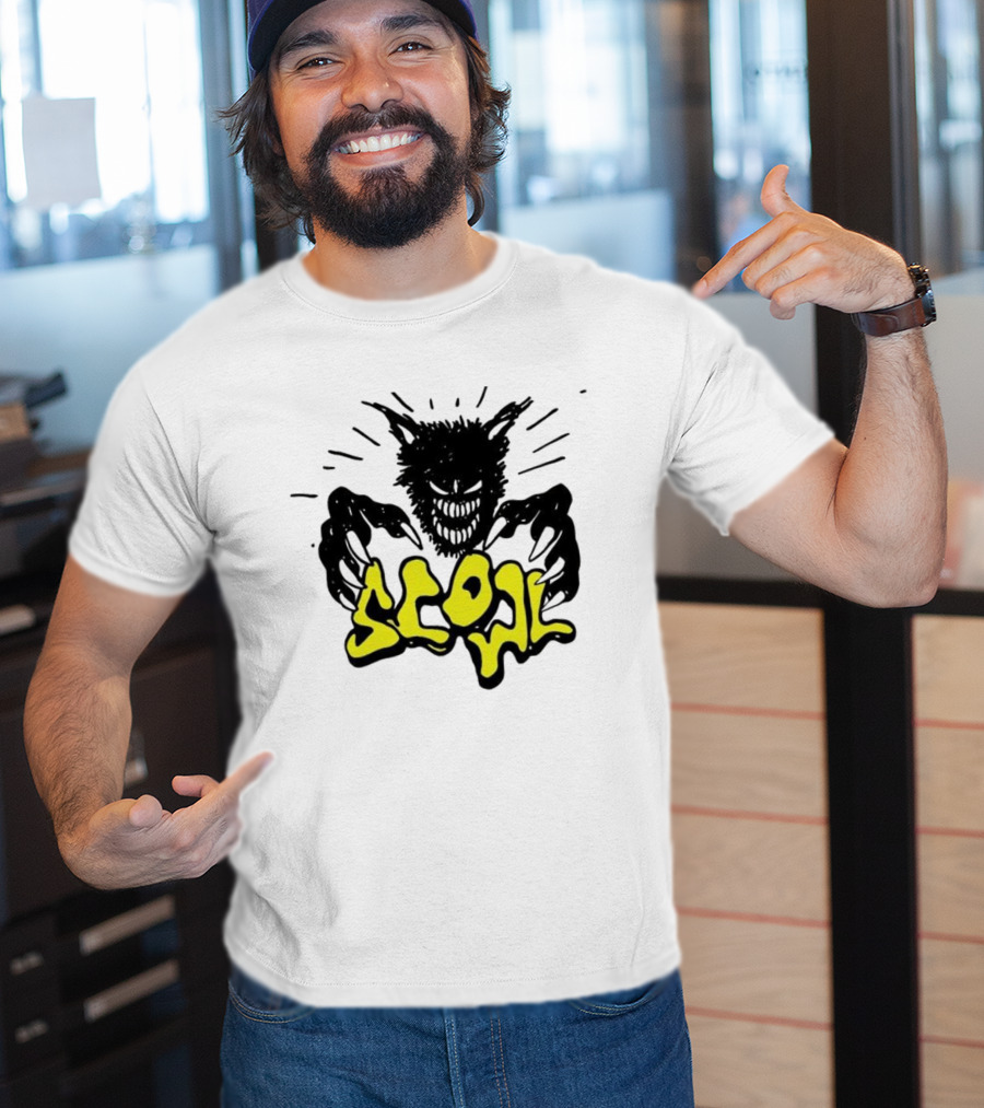 Scowl Scary Cat Yellow Text With Creepy Feline Illustration T-Shirt