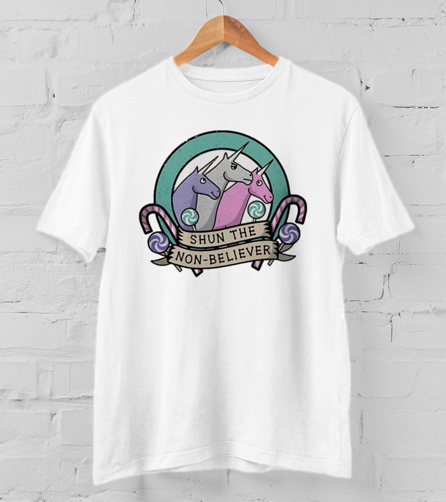 Charlie The Unicorn Shun The Non-Believer Candy Cane Cartoon Trio T-Shirt