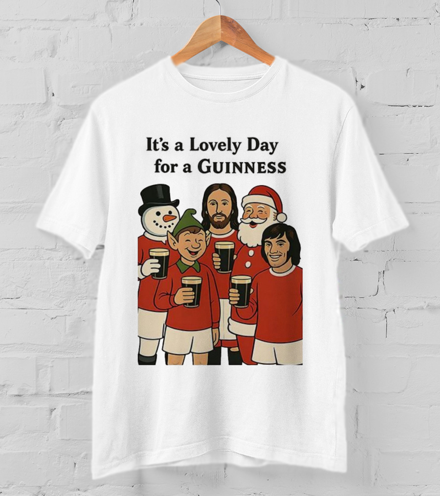 It's A Lovely Day For A Guinness Manchester United Christmas With Festive Characters T-Shirt