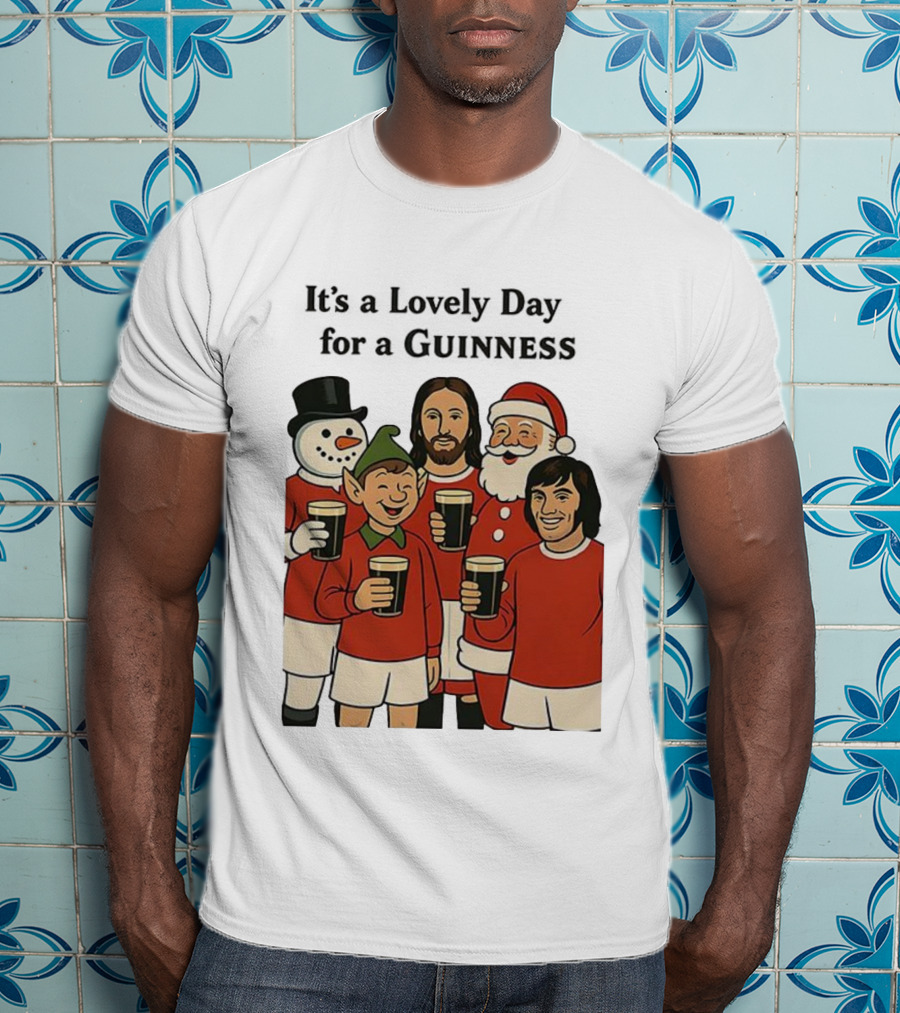It's A Lovely Day For A Guinness Manchester United Christmas With Festive Characters T-Shirt