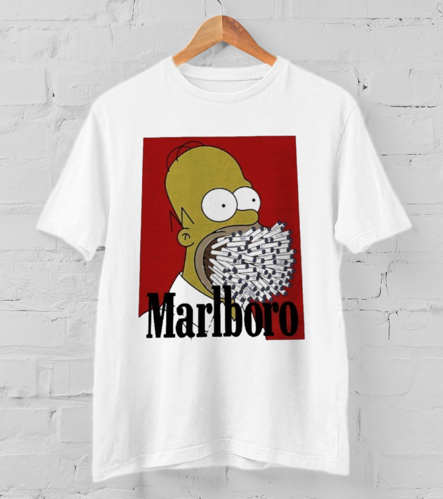 Homer Simpson Cigarette Mouth Marlboro Red Background T-Shirt