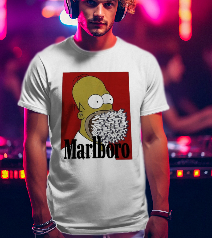 Homer Simpson Cigarette Mouth Marlboro Red Background T-Shirt