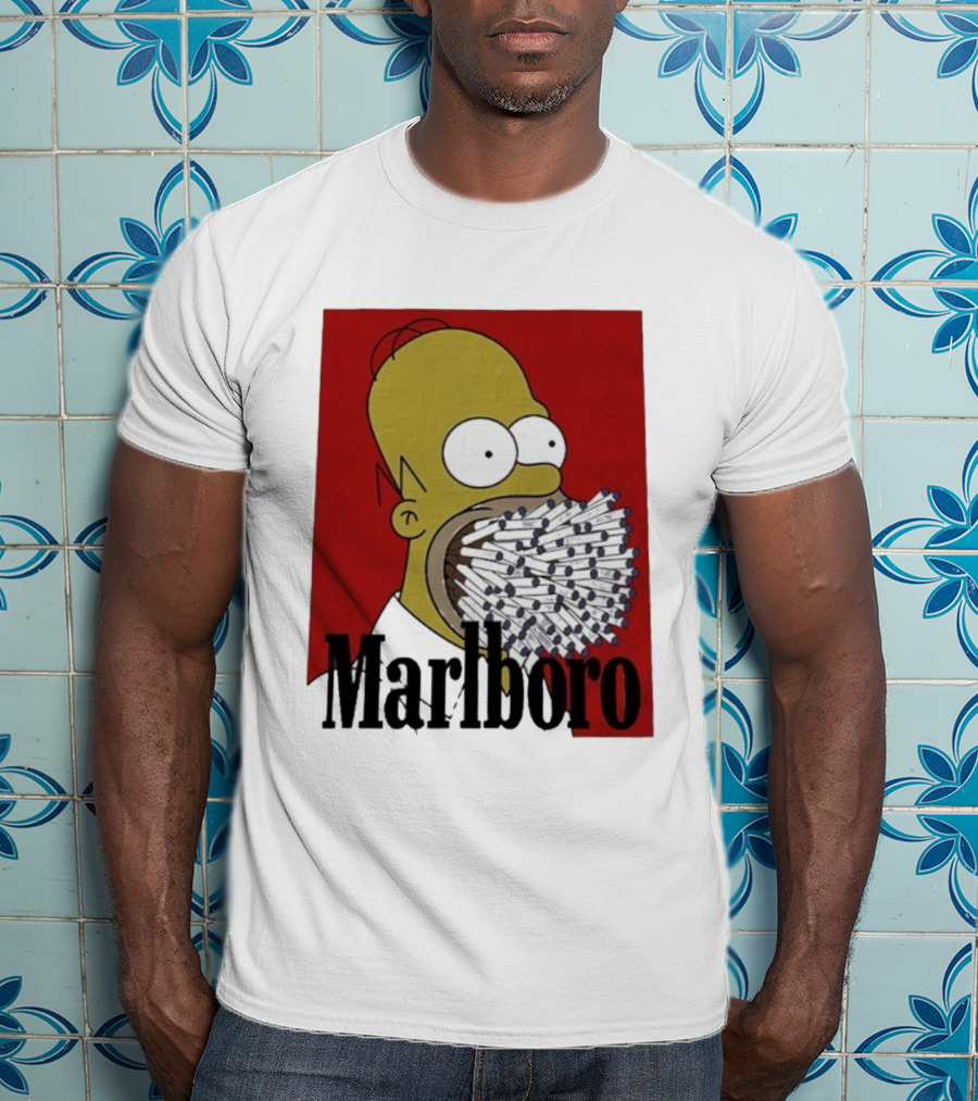 Homer Simpson Cigarette Mouth Marlboro Red Background T-Shirt