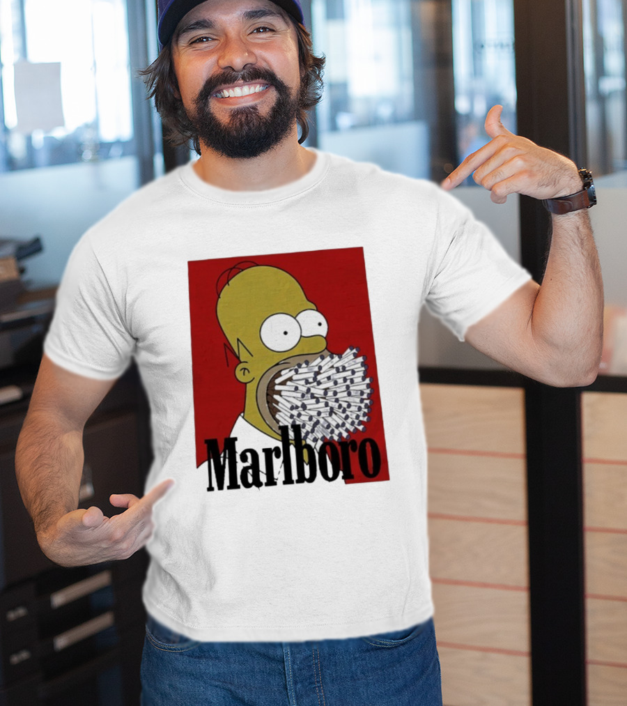 Homer Simpson Cigarette Mouth Marlboro Red Background T-Shirt