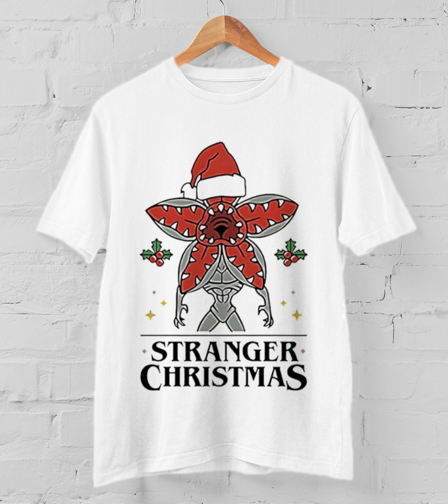 Stranger Christmas Demogorgon Santa Hat Mistletoe Branches Stranger Things T-Shirt
