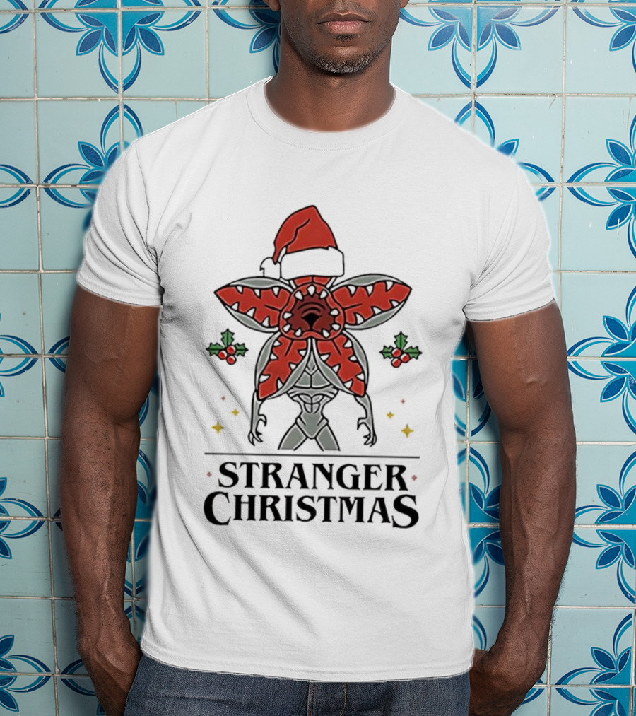 Stranger Christmas Demogorgon Santa Hat Mistletoe Branches Stranger Things T-Shirt